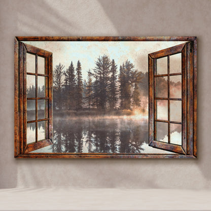 Foggy Autumn Lake View By The Window Canvas Wall Art
