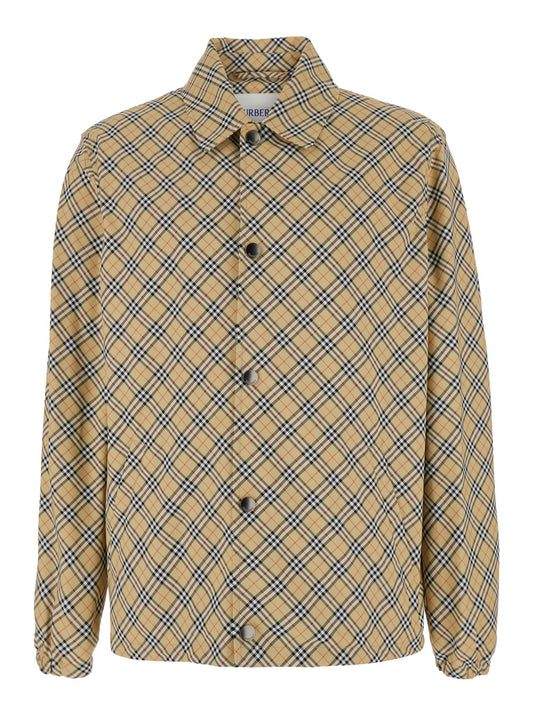 Beige Jacket With Classic Collar and Check Motif
