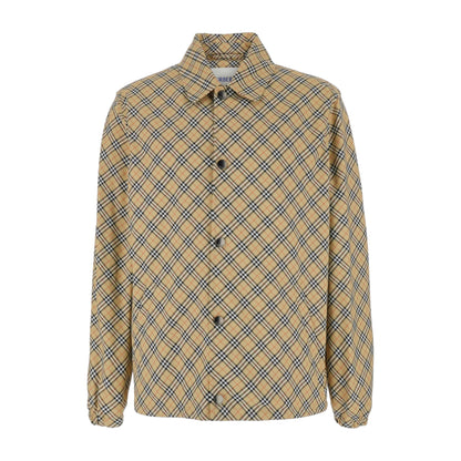 Beige Jacket With Classic Collar and Check Motif