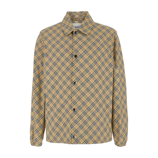 Beige Jacket With Classic Collar and Check Motif