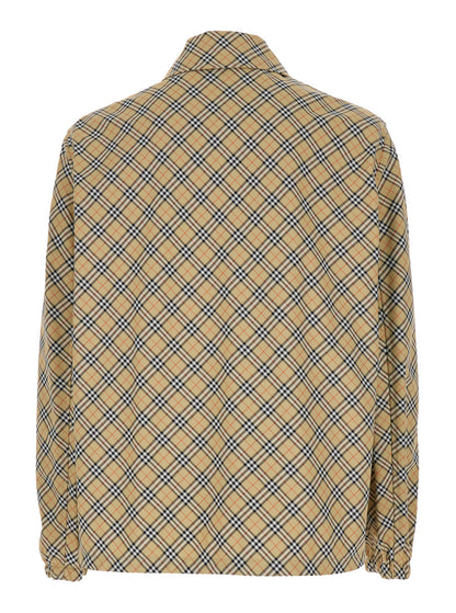 Beige Jacket With Classic Collar and Check Motif