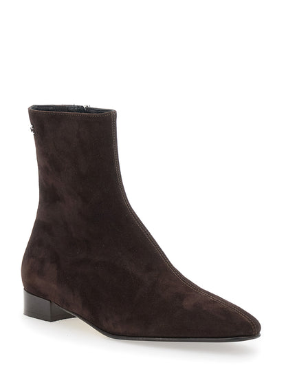 Brown Boots With Logo Embroidery and Side Zip