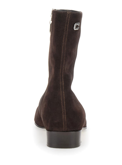 Brown Boots With Logo Embroidery and Side Zip
