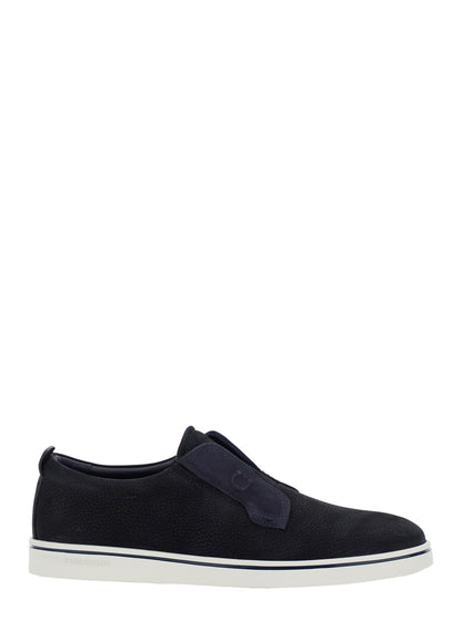 Blue Laceless Oxford Shoes With Round Toe