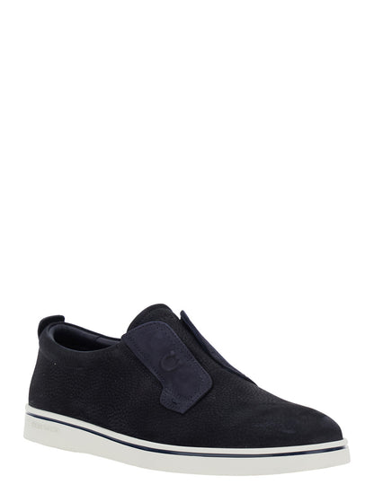 Blue Laceless Oxford Shoes With Round Toe