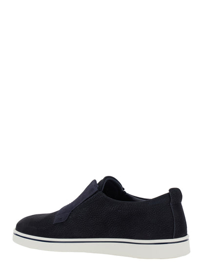 Blue Laceless Oxford Shoes With Round Toe