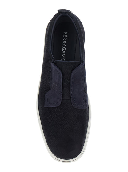 Blue Laceless Oxford Shoes With Round Toe