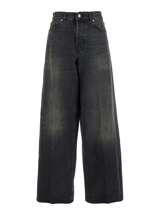 Grey Wide Leg Jeans With Logo Patch