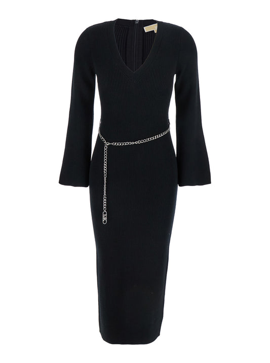 Black Dress With Chain Belt and Logo Plaque