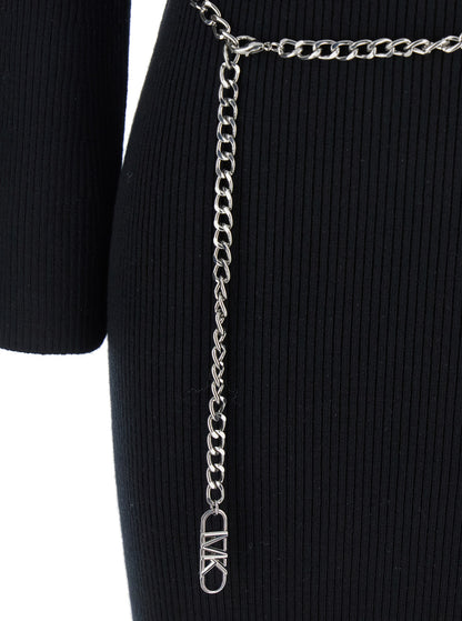 Black Dress With Chain Belt and Logo Plaque