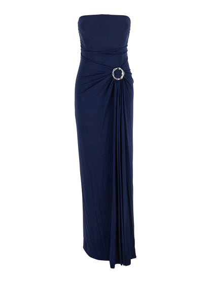 Blue Strapless Long Dress With Ring Embellishment