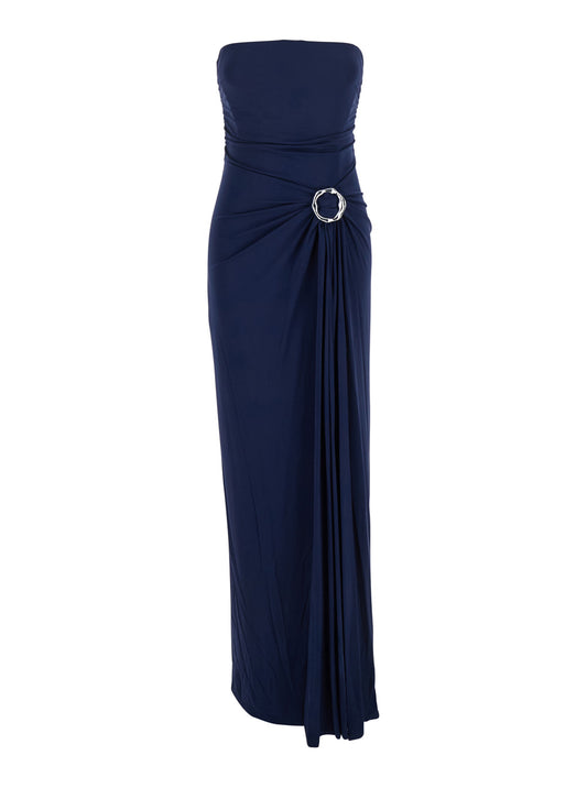Blue Strapless Long Dress With Ring Embellishment