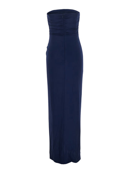 Blue Strapless Long Dress With Ring Embellishment