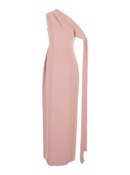 Pink One-Shoulder Long Dress With Draped Neckline