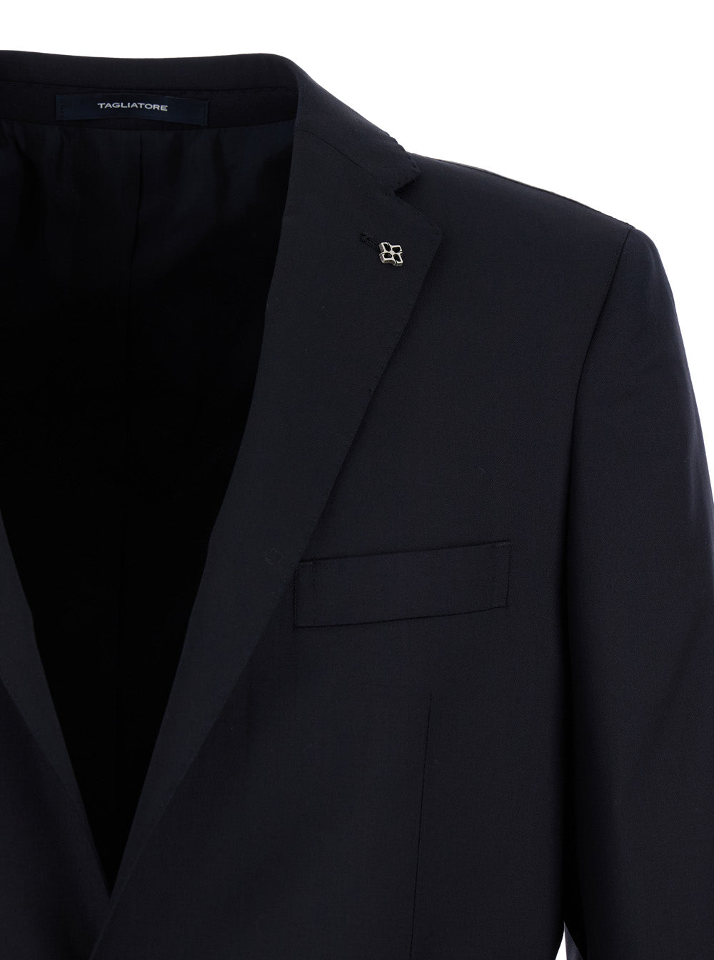 Black Single-Breasted Suit With Logo Pin