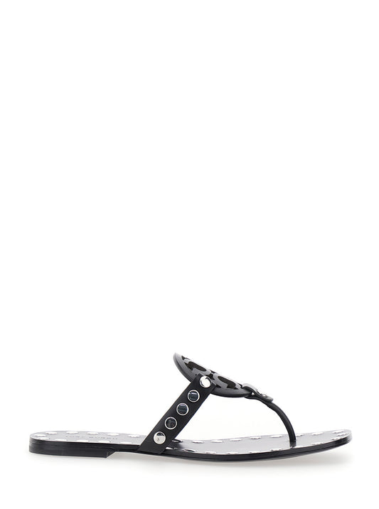 Black Thong Sandals With Logo and Studs