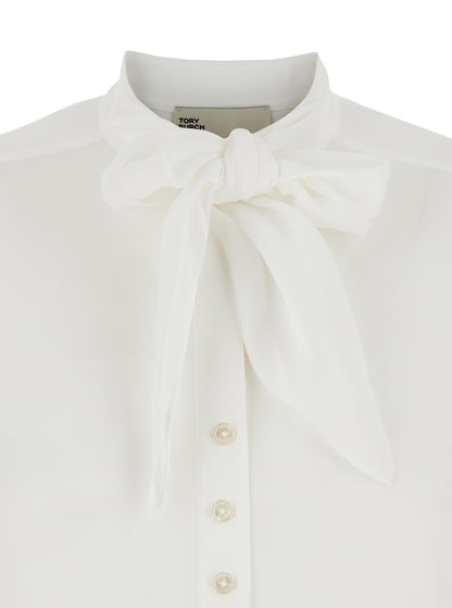 White Viscose Blouse With Pussybow Collar