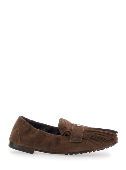 Brown Suede Loafers With Fringe and Metallic Logo