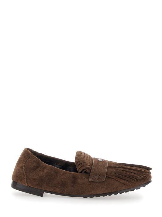 Brown Suede Loafers With Fringe and Metallic Logo