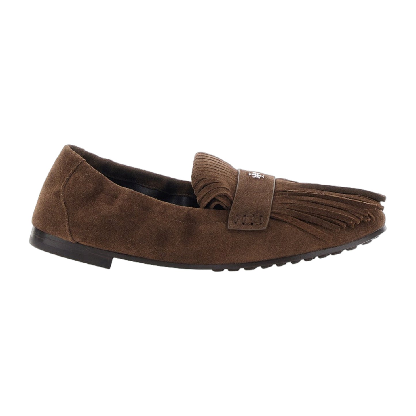 Brown Suede Loafers With Fringe and Metallic Logo