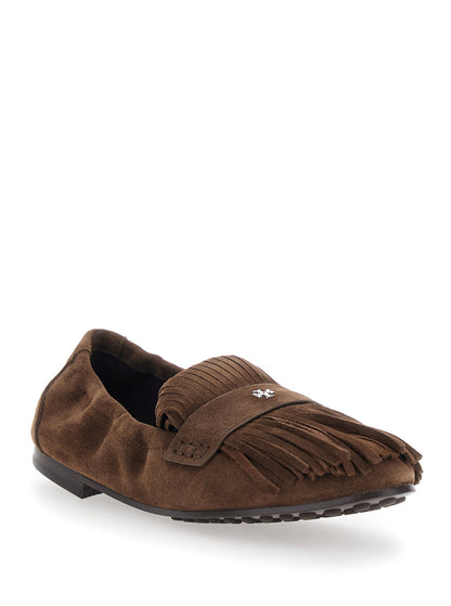 Brown Suede Loafers With Fringe and Metallic Logo