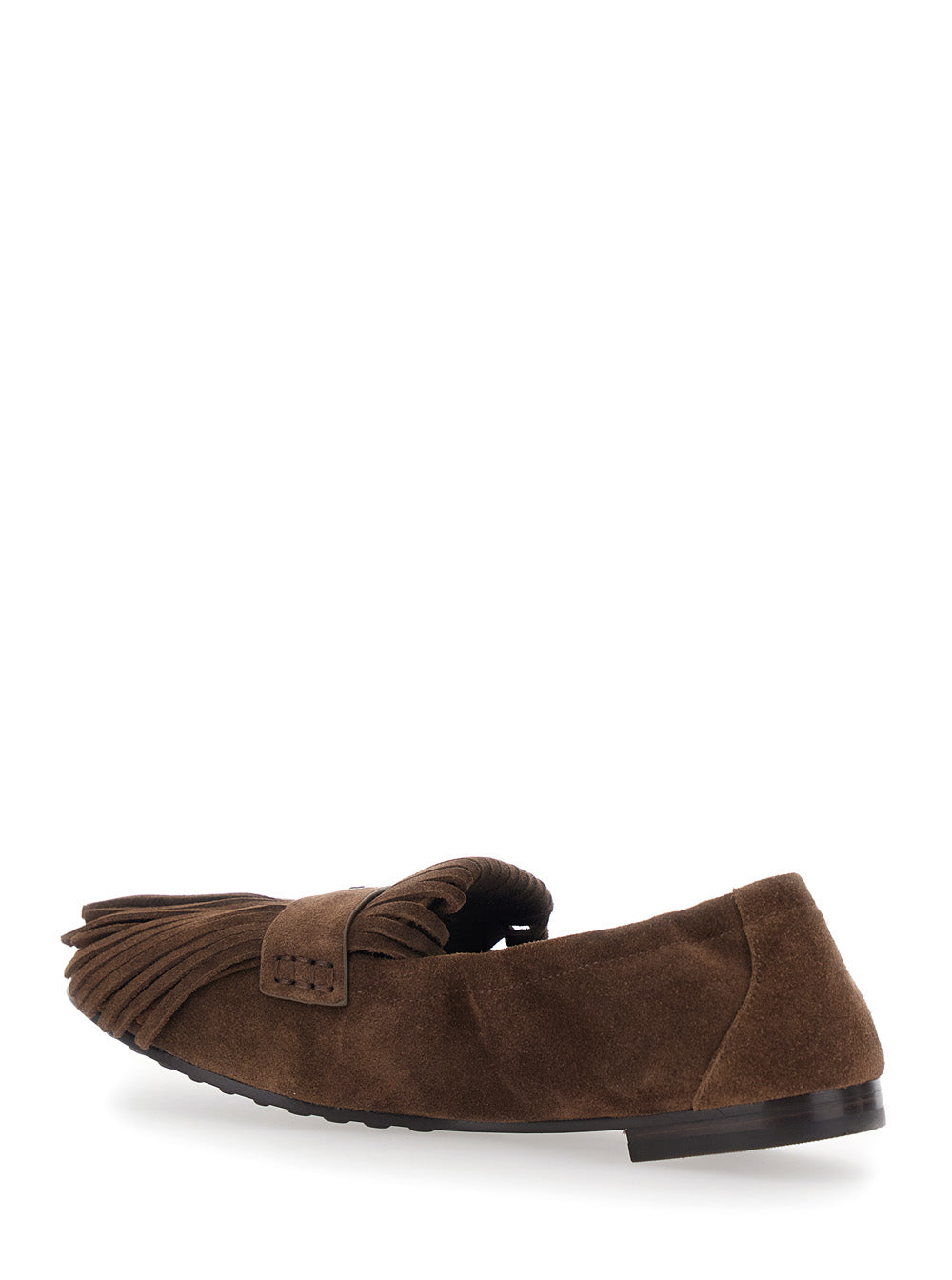 Brown Suede Loafers With Fringe and Metallic Logo