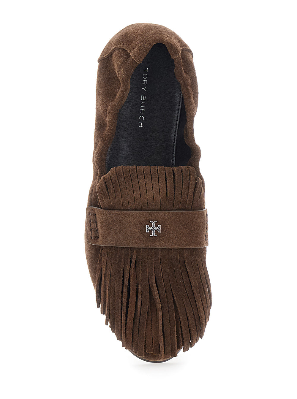 Brown Suede Loafers With Fringe and Metallic Logo