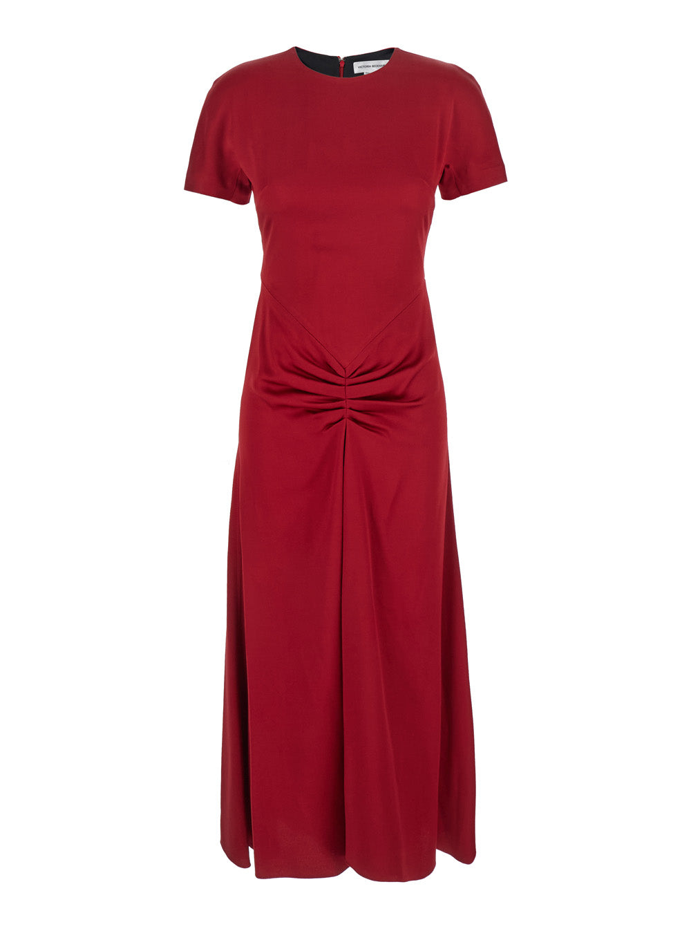 Red Midi Dress With Gathered Waist