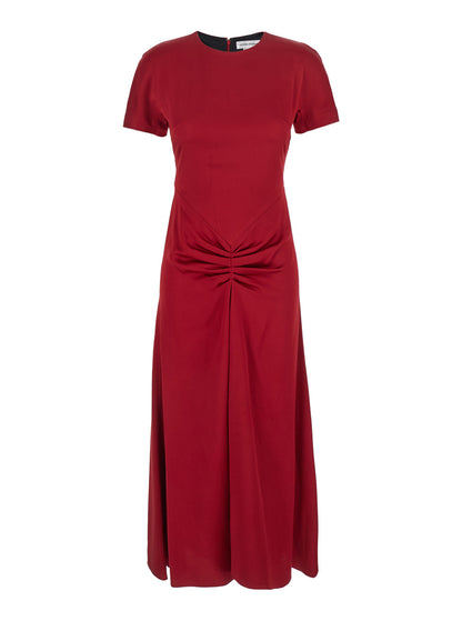Red Midi Dress With Gathered Waist
