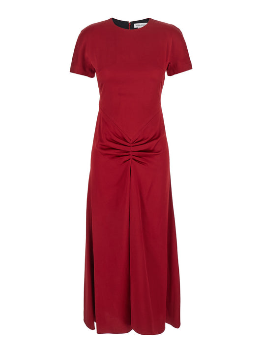 Red Midi Dress With Gathered Waist