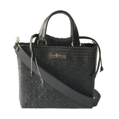 All Black Medium Woven Crossbody Drawstring Bag
