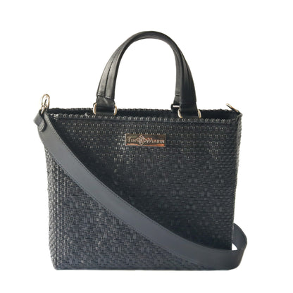 All Black Medium Woven Crossbody Drawstring Bag