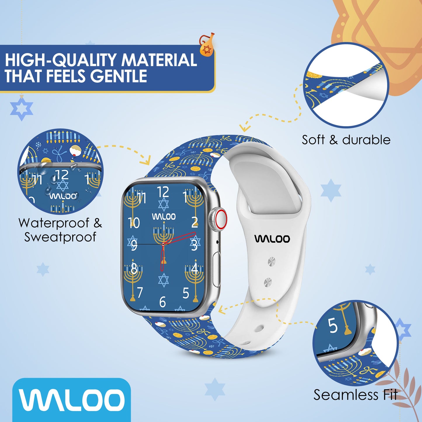 Waloo Hanukkah/Holiday Fun Silicone Sport Bands For Apple Watch