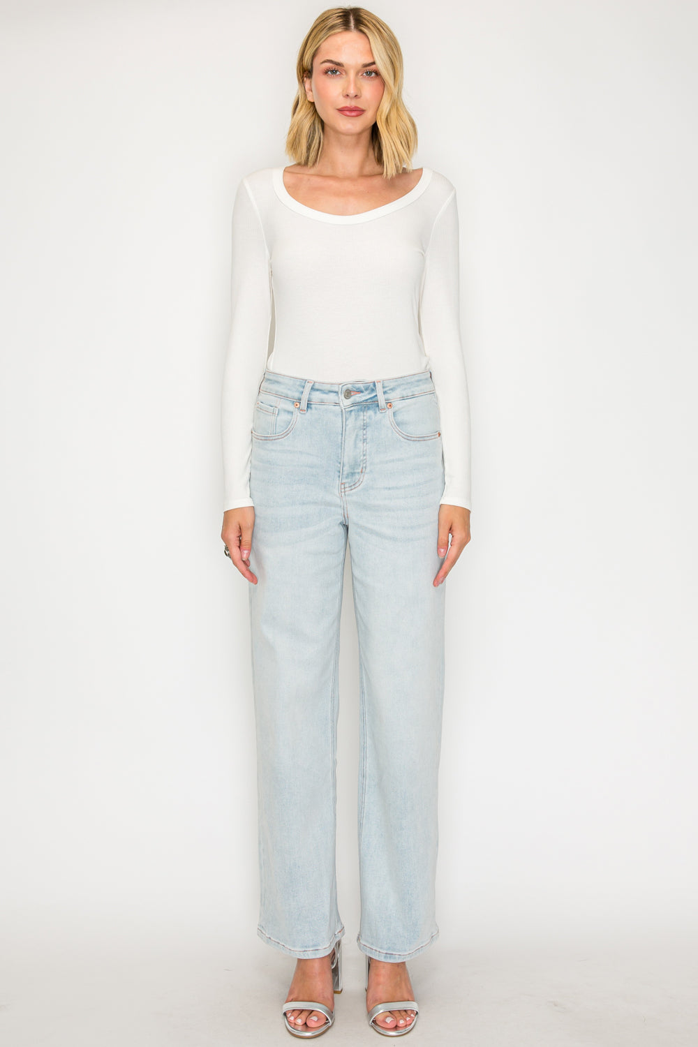 High Rise Perfect Tummy Control Pink Thread Straight Jeans