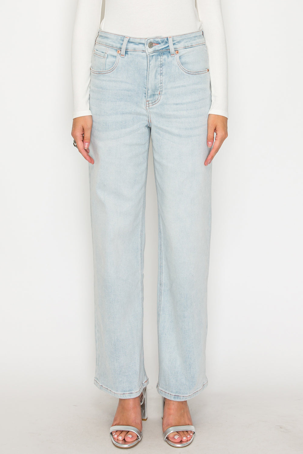 High Rise Perfect Tummy Control Pink Thread Straight Jeans
