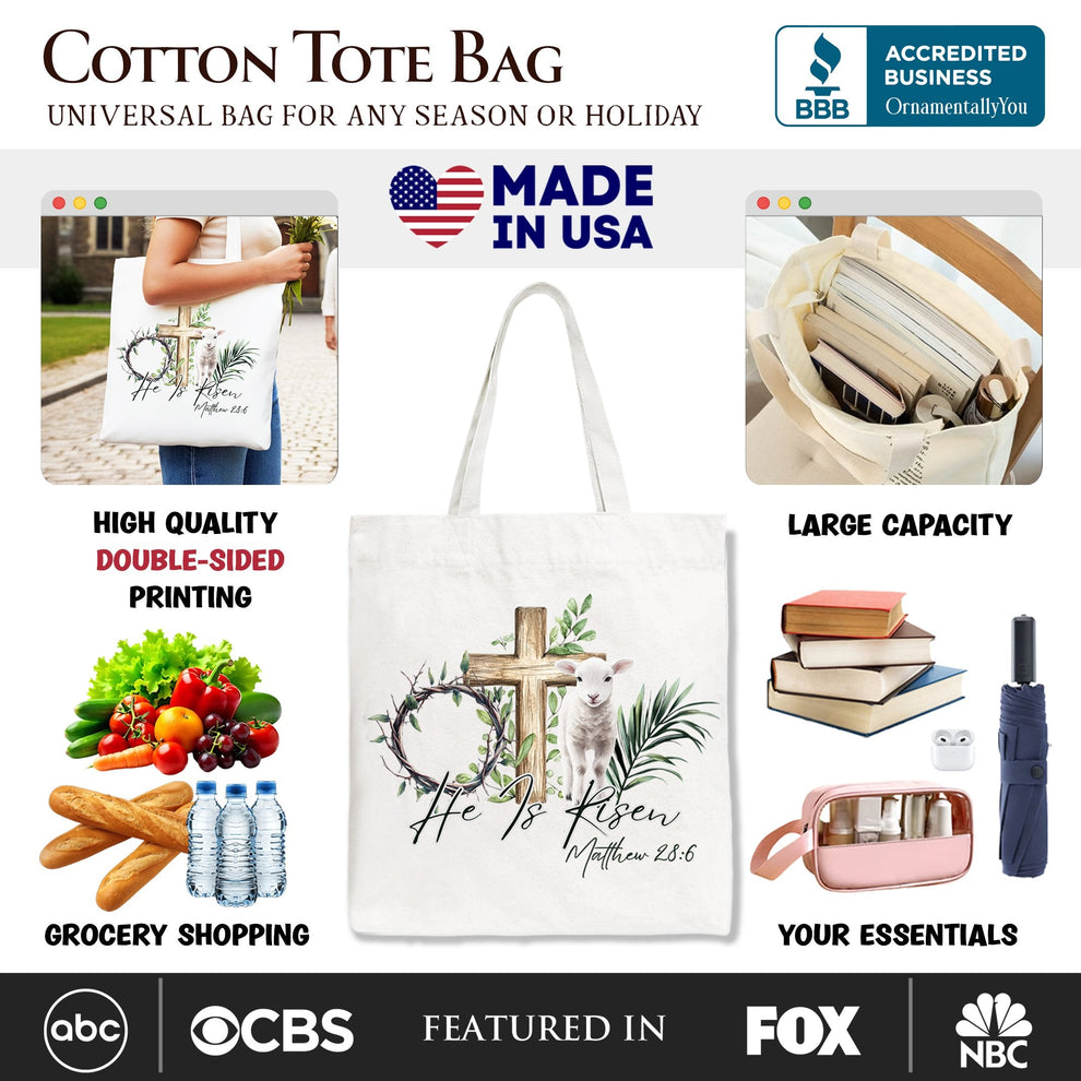 He Is Risen Lamb Cross Christian Easter Tote Bag, Bible Verse Matthew ...