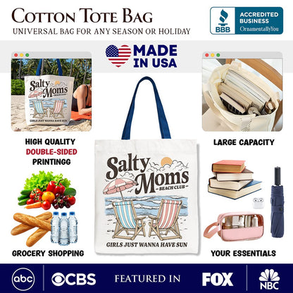 Salty Moms Beach Club Canvas Tote Bag, Retro Summer Gift for Ocean Loving Mothers