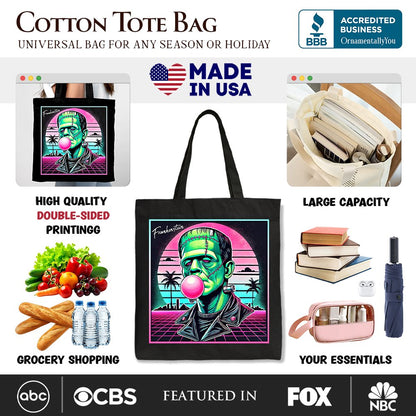 Vaperwave Frankenstein Retro Neon Horror Canvas Tote Bag, Synthwave 80's Styled Classic Halloween Gift