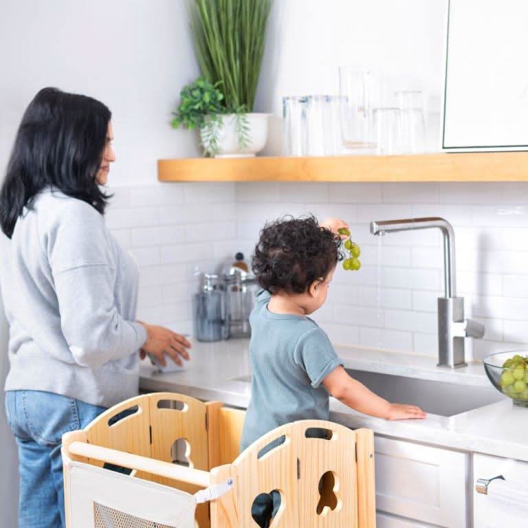 Plum 3-in-1 Foldable Kitchen Tower, Step Stool & Chalkboard for Toddlers