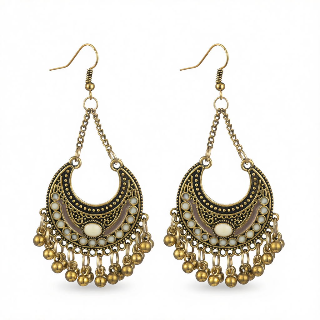 Beige Enamel & Goldtone Ball-Detail Crescent Moon Drop Earrings