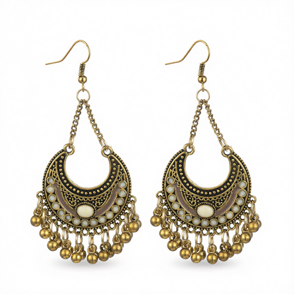 Beige Enamel & Goldtone Ball-Detail Crescent Moon Drop Earrings