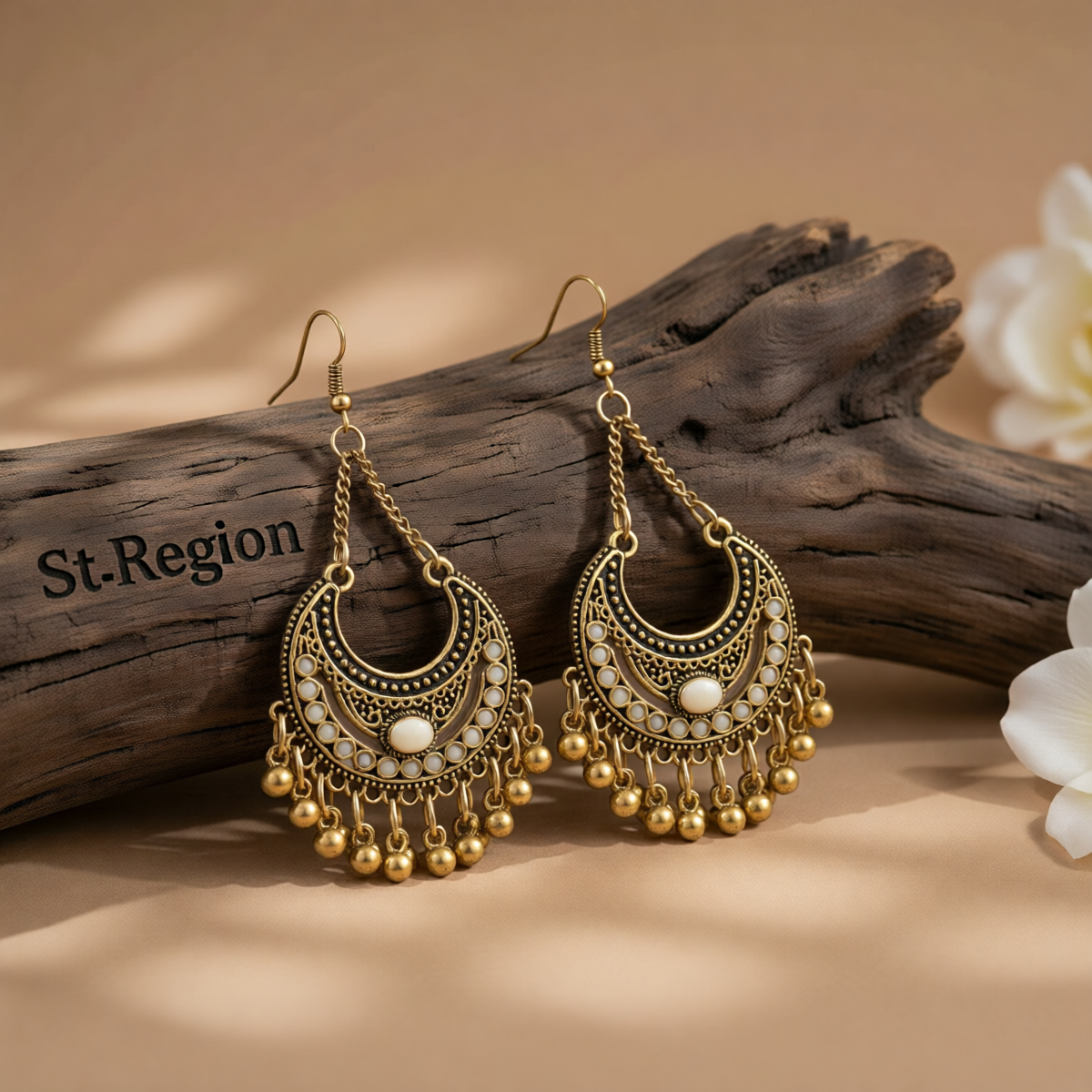 Beige Enamel & Goldtone Ball-Detail Crescent Moon Drop Earrings