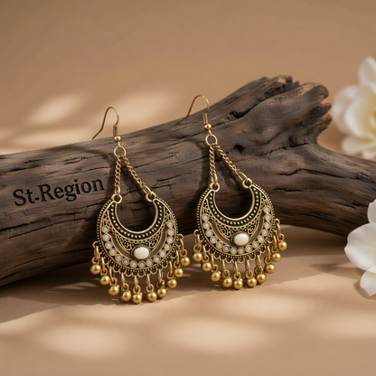 Beige Enamel & Goldtone Ball-Detail Crescent Moon Drop Earrings
