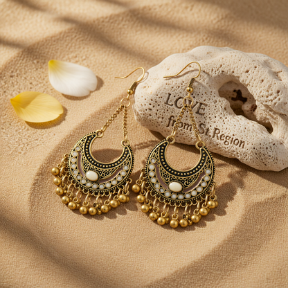 Beige Enamel & Goldtone Ball-Detail Crescent Moon Drop Earrings