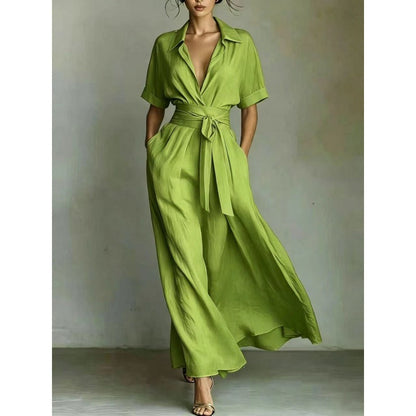 Women's Solid Color Waist-Slimming Maxi Dress — Flip Collar