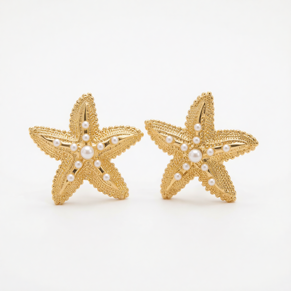 Pearl & Goldtone Textured Starfish Stud Earrings