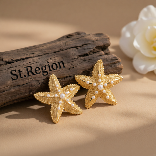 Pearl & Goldtone Textured Starfish Stud Earrings