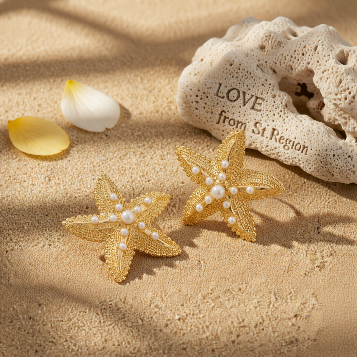 Pearl & Goldtone Textured Starfish Stud Earrings