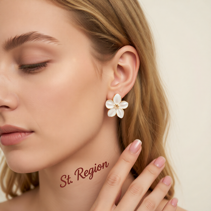 White Enamel & Goldtone Flower Stud Earrings