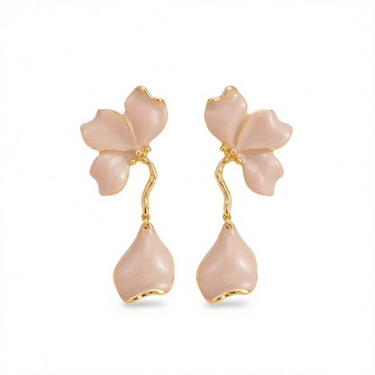 Peach Enamel & Goldtone Petals Dangle Earrings